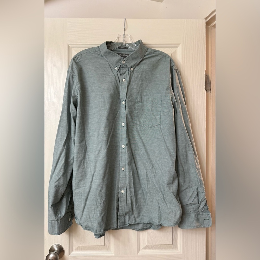Eddie Bauer Shirt Mens XLarge Green Cotton Long Sleeve Button Up XL